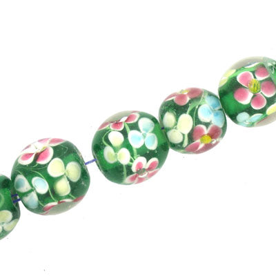 12 MM ROUND LAMPWORK BEADS - GREEN / 15 PCS