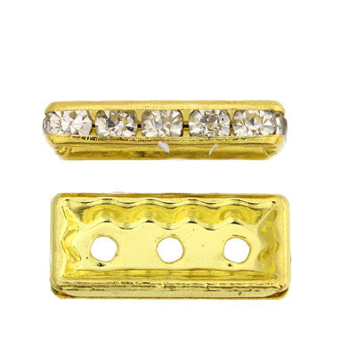 19 X 8 MM GOLD WITH CLEAR RHINESTONE 3 HOLE SPACER - 10 PCS