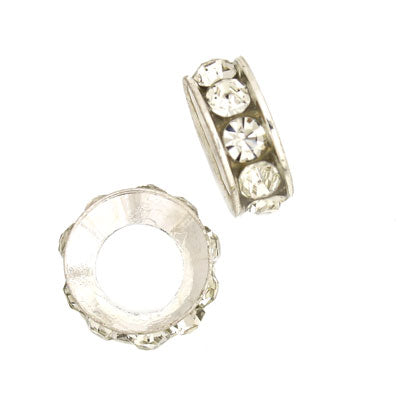 14 MM (6 MM HOLE) SILVER RHINESTONE BEADS - 4 PCS