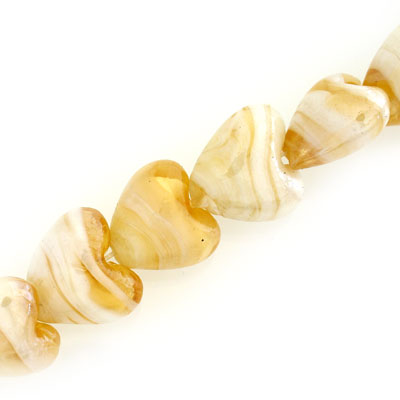 15 MM GLASS HEART BEADS - LIGHT HONEY / WHITE SWIRL - 20 PCS