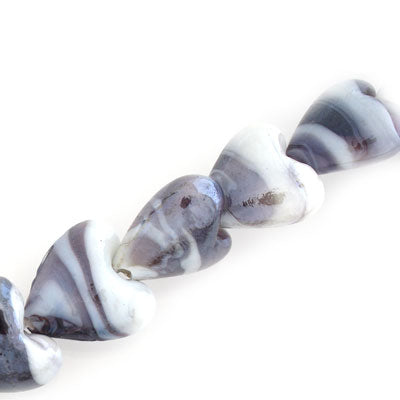 15 MM GLASS HEART BEADS - PLUM / WHITE SWIRL - 20 PCS