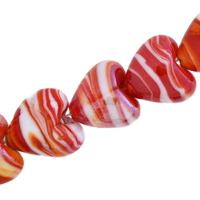 20 MM GLASS HEART BEADS - RED / WHITE SWIRL - 15 PCS