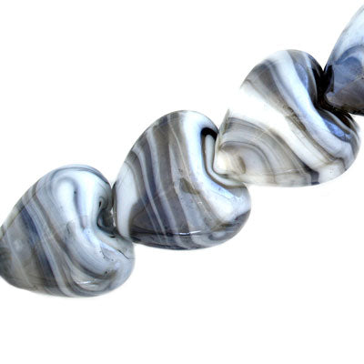 20 MM GLASS HEART BEADS - GRAY / WHITE SWIRL - 20 PCS