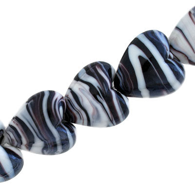 20 MM GLASS HEART BEADS - BLACK / WHITE SWIRL - 20 PCS