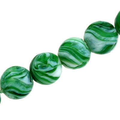 14 MM ROUND GLASS BEADS - GREEN / WHITE SWIRL - 20 PCS
