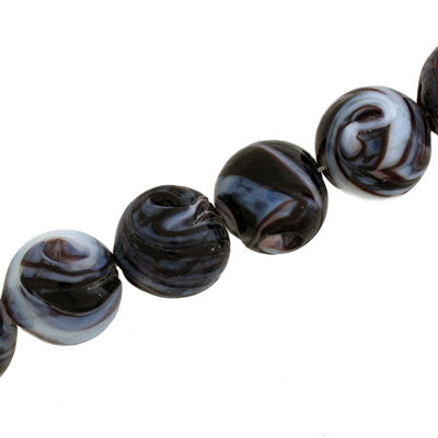 14 MM ROUND GLASS BEADS - DARK PLUM / WHITE SWIRL - 20 PCS