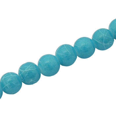 8 MM ROUND GLASS BEADS AQUA / WHITE SWIGGLE - 105 PCS