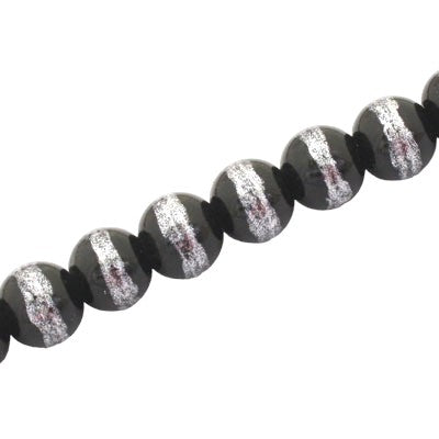 8 MM ROUND GLASS BEADS BLACK / SILVER LINED - 105 PCS