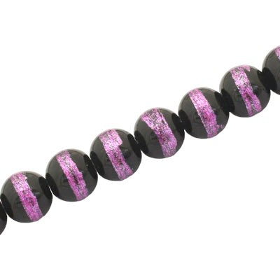 8 MM ROUND GLASS BEADS BLACK / PINK LINED - 105 PCS