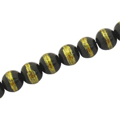 8 MM ROUND GLASS BEADS BLACK / YELLOW LINED - 105 PCS