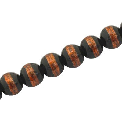 8 MM ROUND GLASS BEADS BLACK / ORANGE LINED - 105 PCS