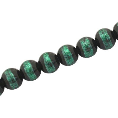 8 MM ROUND GLASS BEADS BLACK / GREEN LINED - 105 PCS