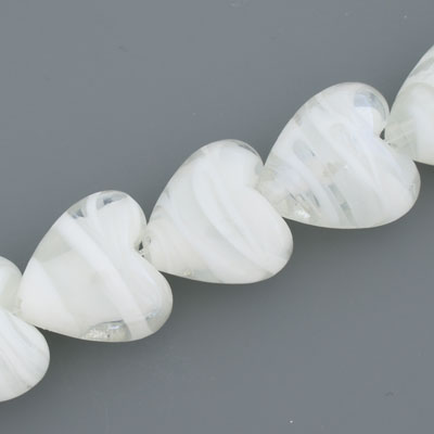 20 MM GLASS HEART BEADS - WHITE SWIRL - 15 PCS