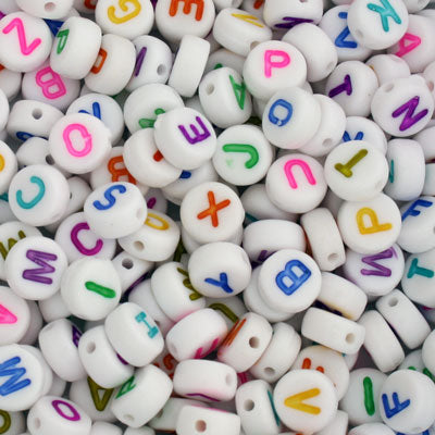 7 X 4 MM ALPHABET BEADS WHITE WITH MIX COLOUR LETTERS  - 110 PCS