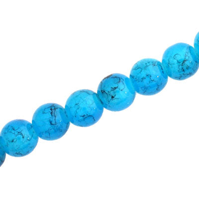 8 MM ROUND GLASS BEADS AQUA WITH BLACK CRACKLE FINISH - 105 PCS