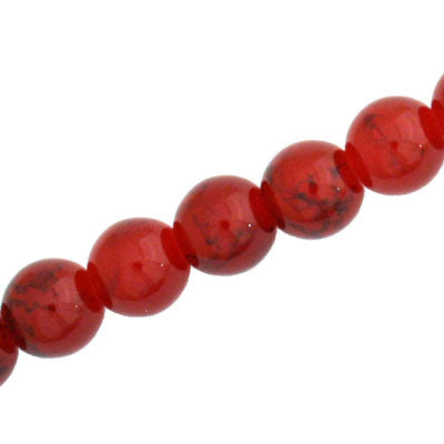 10 MM ROUND GLASS BEADS RED WITH BLACK CRACKLE FINISH - 74 PCS