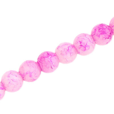 8 MM ROUND GLASS BEADS WHITE WITH DARK PINK CRACKLE FINISH - 105 PCS