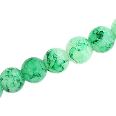 12 MM ROUND GLASS BEADS WHITE WITH GREEN CRACKLE FINISH - 67 PCS