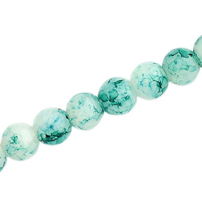 8 MM ROUND GLASS BEADS WHITE WITH TEAL CRACKLE FINISH - 105 PCS