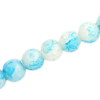 12 MM ROUND GLASS BEADS WHITE WITH AQUA CRACKLE FINISH - 67 PCS