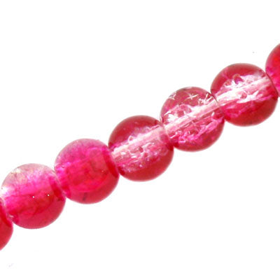 10 MM ROUND GLASS CRACKLE BEADS HOT PINK / CLEAR - 82 PCS