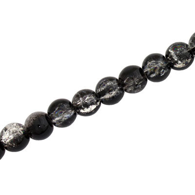 6 MM ROUND GLASS CRACKLE BEADS BLACK / CLEAR  - 130 PCS