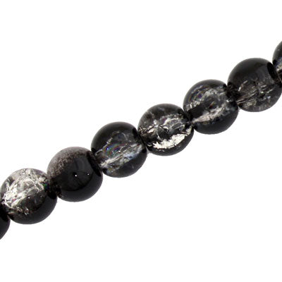 8 MM ROUND GLASS CRACKLE BEADS BLACK / CLEAR - 100 PCS