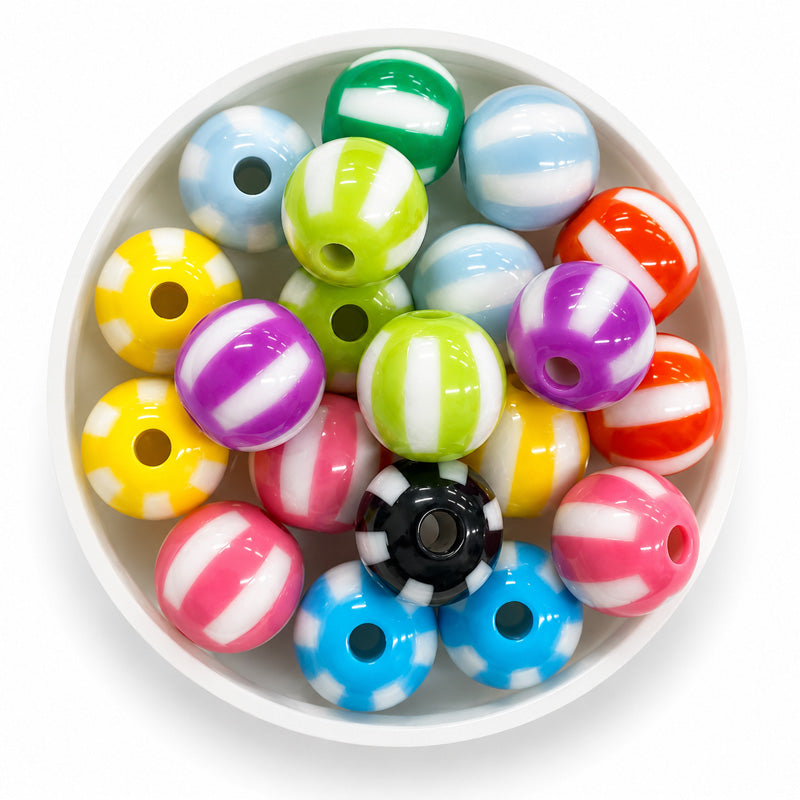 12mm Acrylic Round Stipe Beads - 20 Pieces