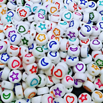 7 X 4 MM BEADS WHITE WITH MIX COLOUR SHAPES  - 90 PCS