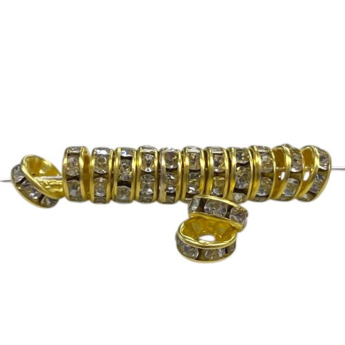 8MM RHINESTONE RONDELLE SPACER GOLD / CLEAR - 18 PCS