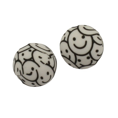 15 MM ROUND SILICONE BEADS SMILEY FACES - 2 PCS