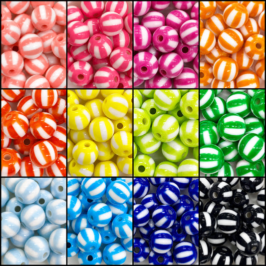 12mm Acrylic Round Stipe Beads - 20 Pieces