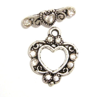 18 mm silver diamonte set heart toggle 1 set