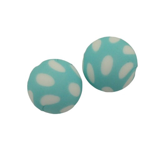 15 MM ROUND SILICONE BEADS TURQUOISE WHITE SPOTS - 2 PCS